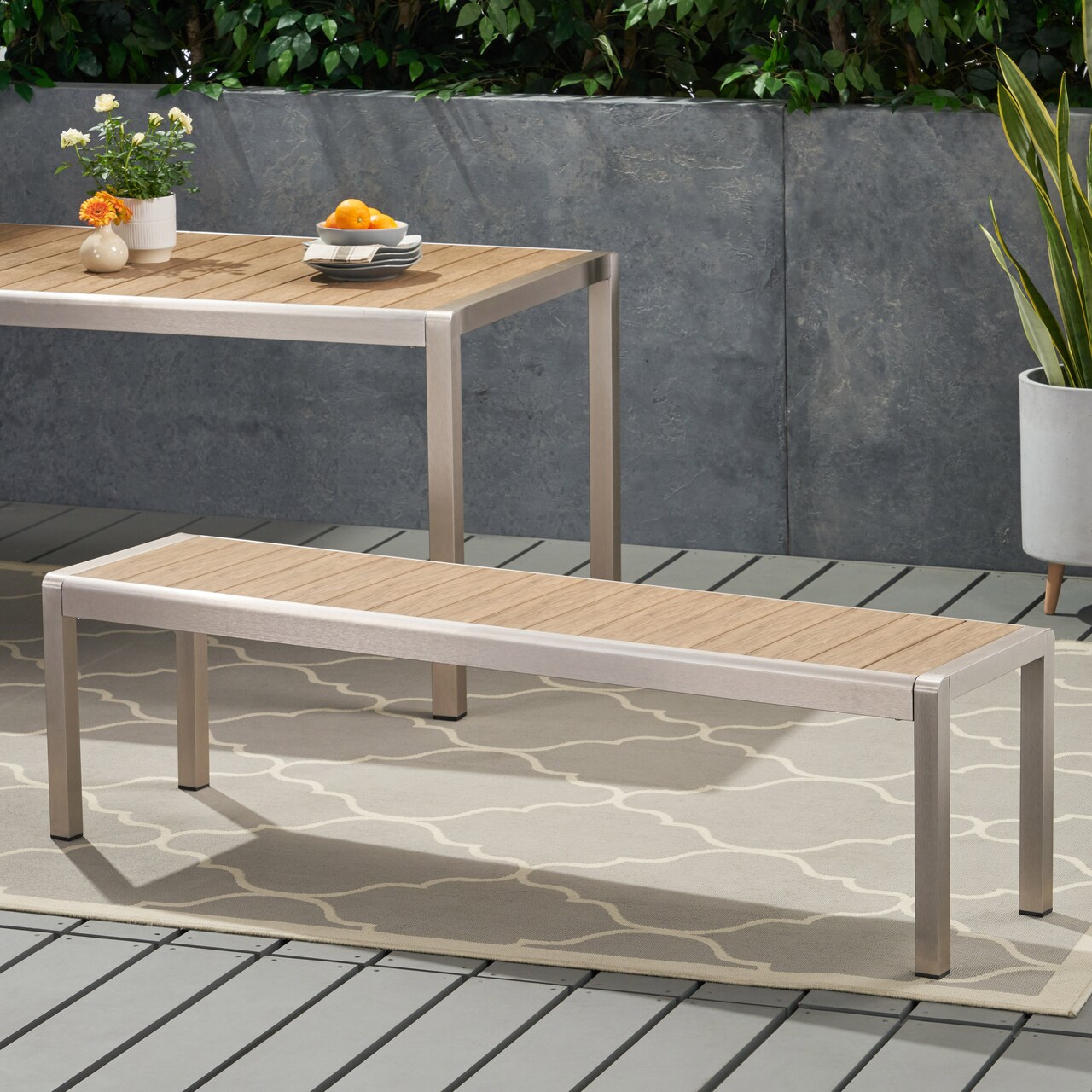 GDF Studio Odelia Outdoor Modern Aluminum Dining Bench with Faux Wood Seat